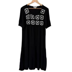 Cactus & Pearl‎ Prairie Granny Black White Crochet Gauze Midi Dress Sz L Cottage